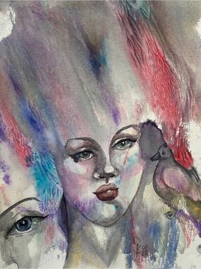 Watercolor Portrait Painting with Bird — Soft Pastel Colors11x14 inch